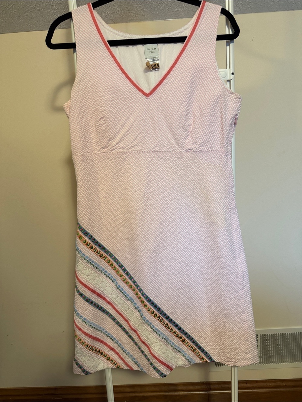 Garnet Hill cotton blend pink seersucker sleeveless dress with ribbon accents
